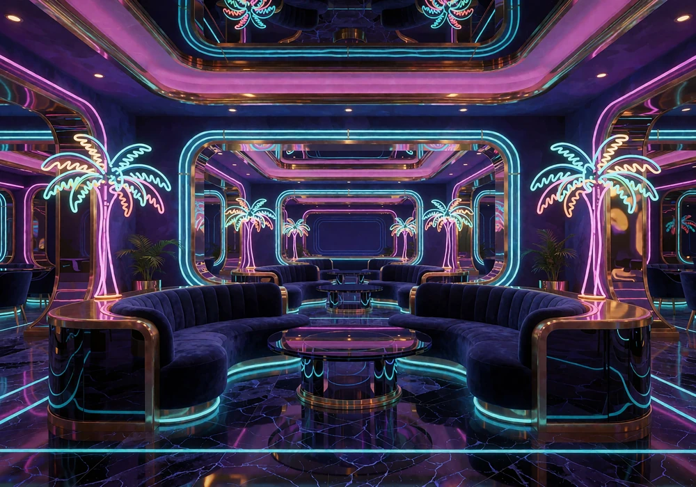 Pusty salon VIP z welurowymi sofami, szklanym stolikiem i neonowymi palmami w fioletowym wnętrzu