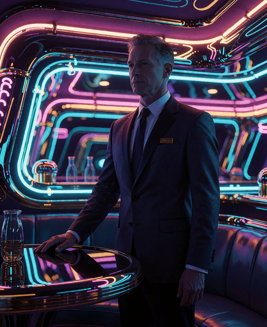 Anonimowy gospodarz salonu VIP w ciemnym garniturze stojący przy niskim stoliku w neonowym lounge